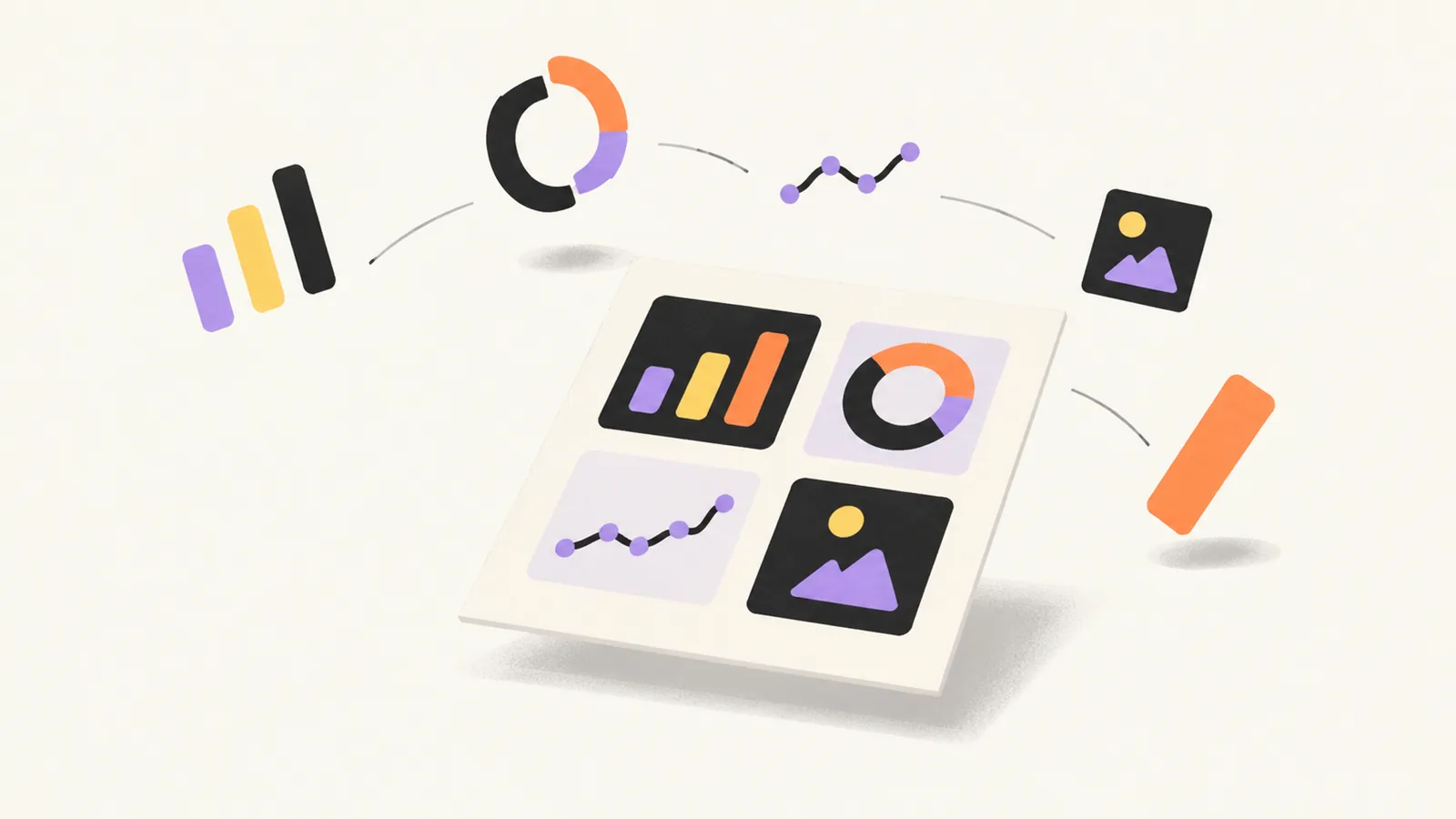 Chart fragments — bars, a donut ring and a sparkline — dropping into place on a floating white page