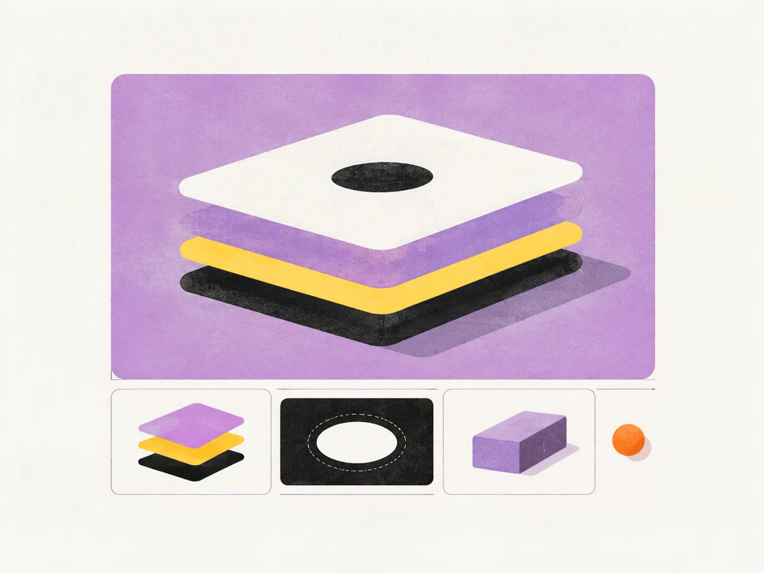 A layered plate: one dominant plate above, three smaller module strips ranked below it, and a single orange accent dot
