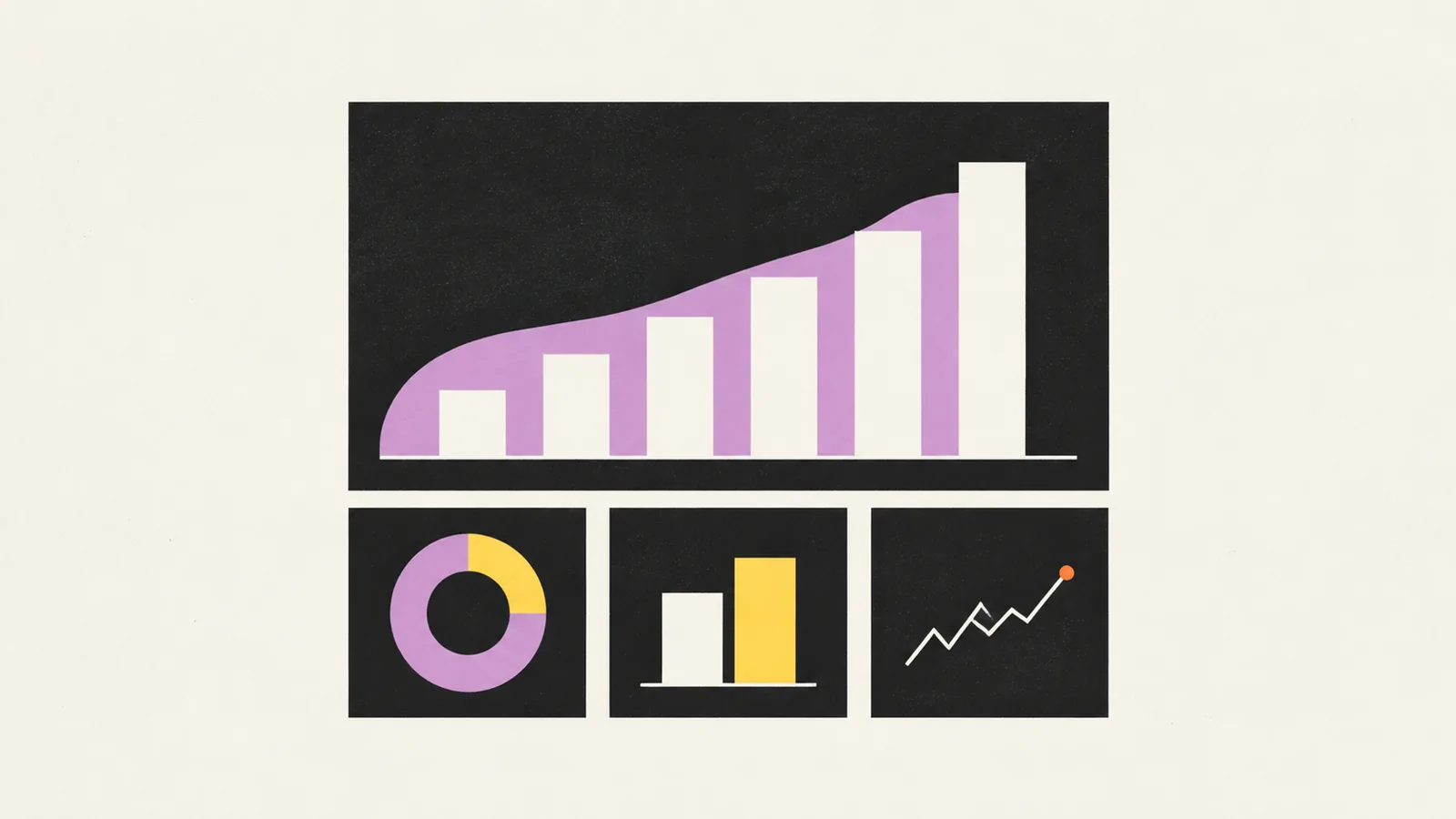 A poster with one dominant chart panel across the top and three smaller modules — a donut, a two-bar comparison and a sparkline — beneath it