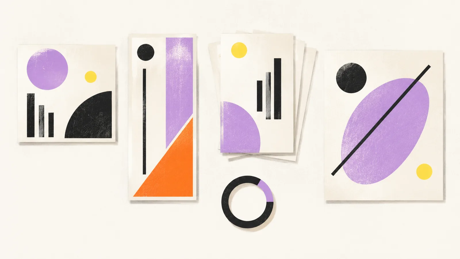 Five blank format plates — a square, a tall vertical, a stack of slides, a portrait sheet and a ring — laid out on a pale ground