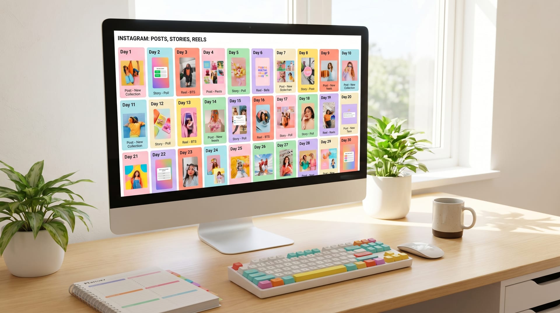 30 days social content calendar template with color-coded weekly themes