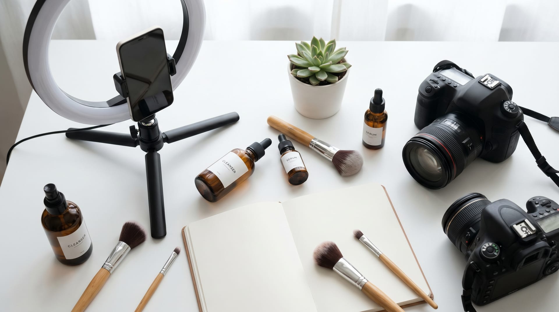 Beauty product photography setup with professional lighting and cosmetics