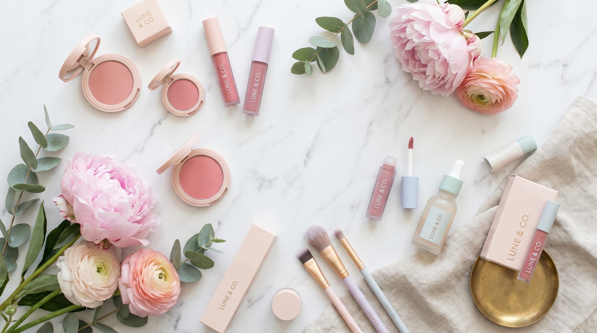 Beauty product photography setup with professional lighting and cosmetics