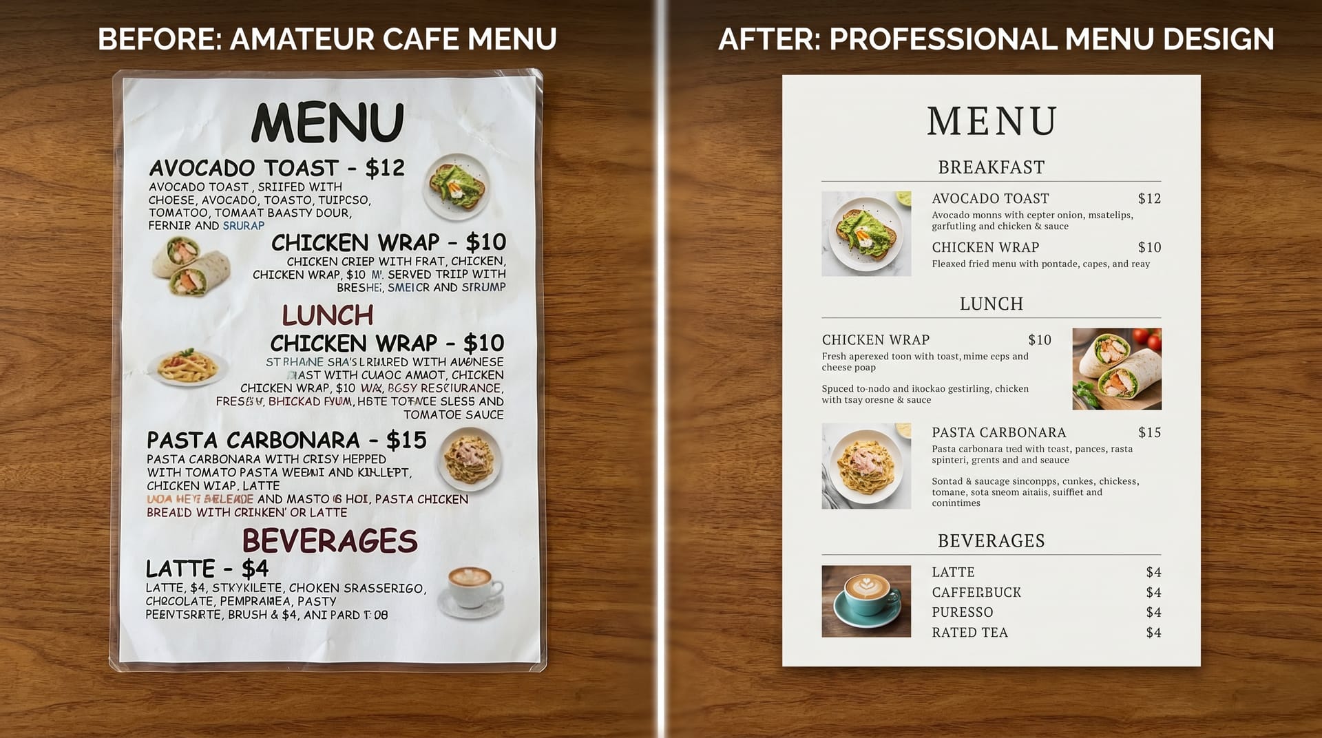 Before and after comparison showing a plain text menu transformed into a professionally designed cafe menu