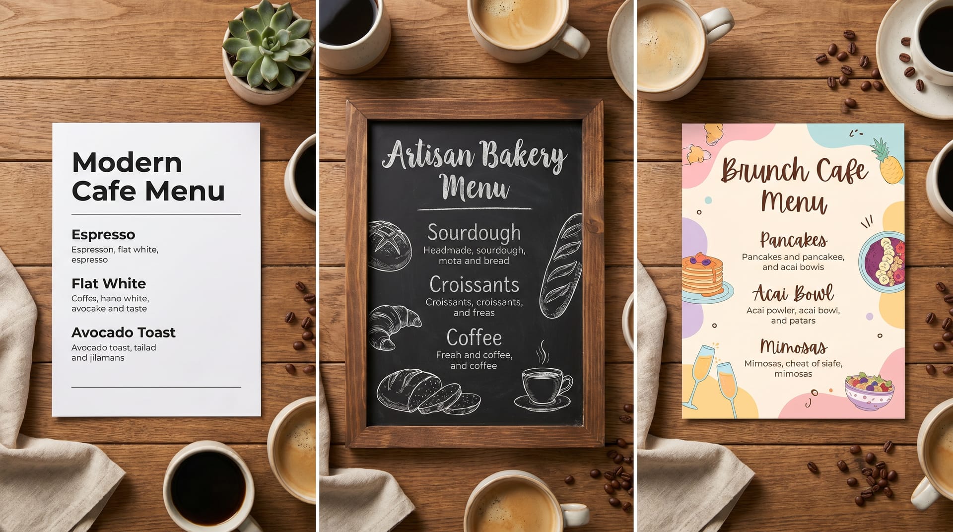 Cafe menu design inspiration collage showing various styles from minimalist to vintage