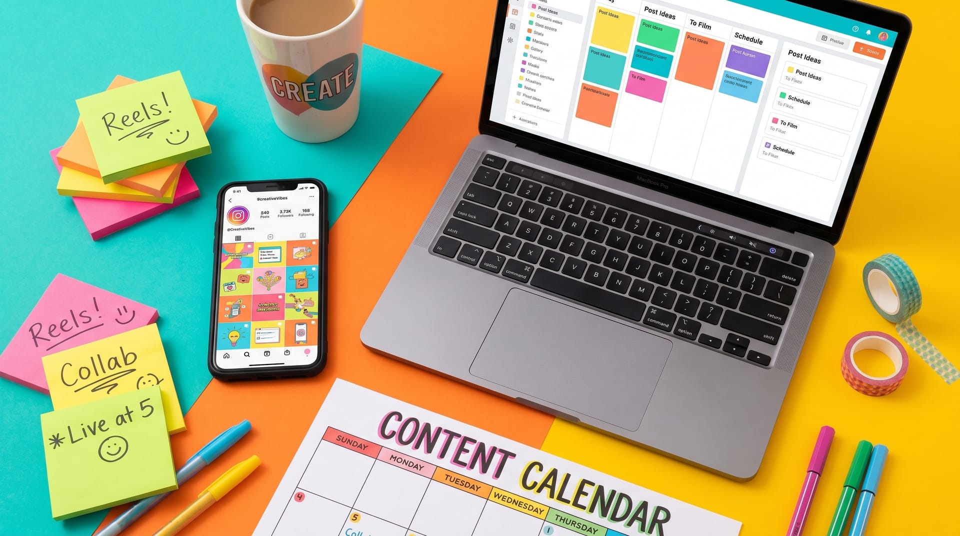A colorful content calendar spread across a desk with AI-generated social media graphics, coffee, and sticky notes