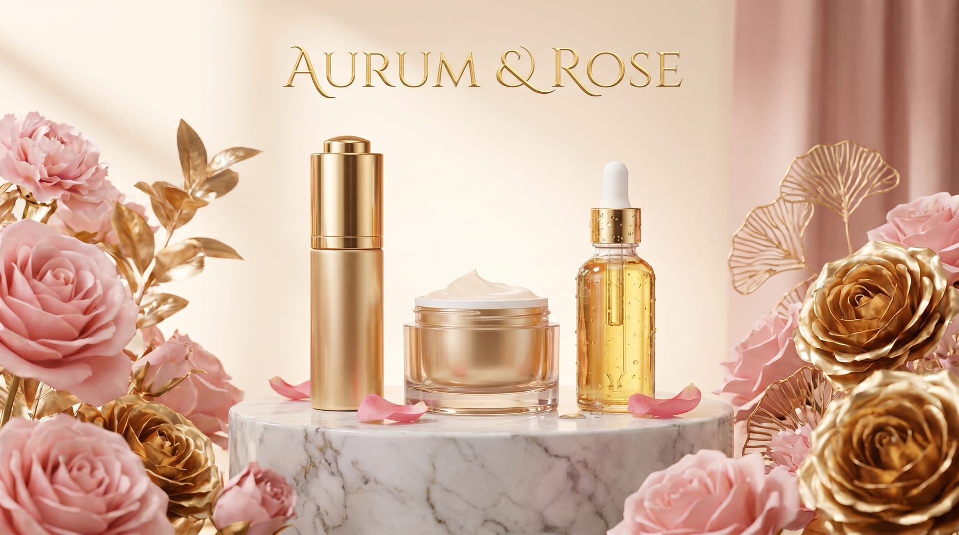 A glamorous cosmetics ad created with AI showing luxury beauty products