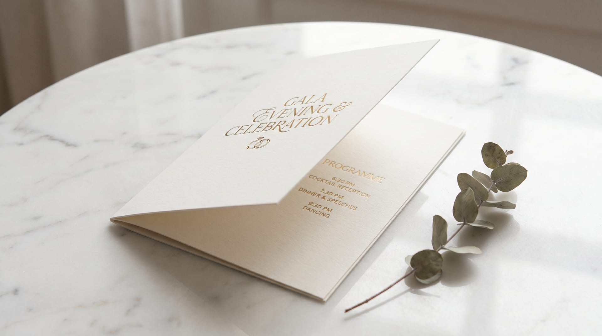 Elegant event program design spread showing wedding and corporate program examples with refined typography and layout