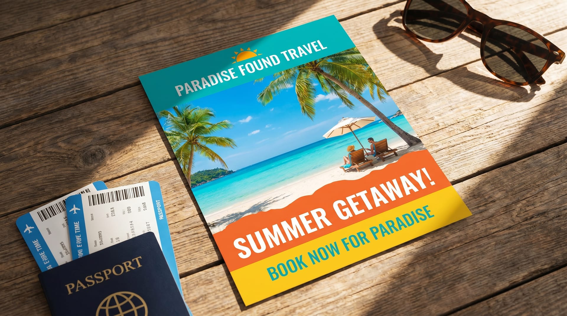 A vibrant travel agency flyer design showcasing a tropical beach destination with bold typography and a clear call-to-action