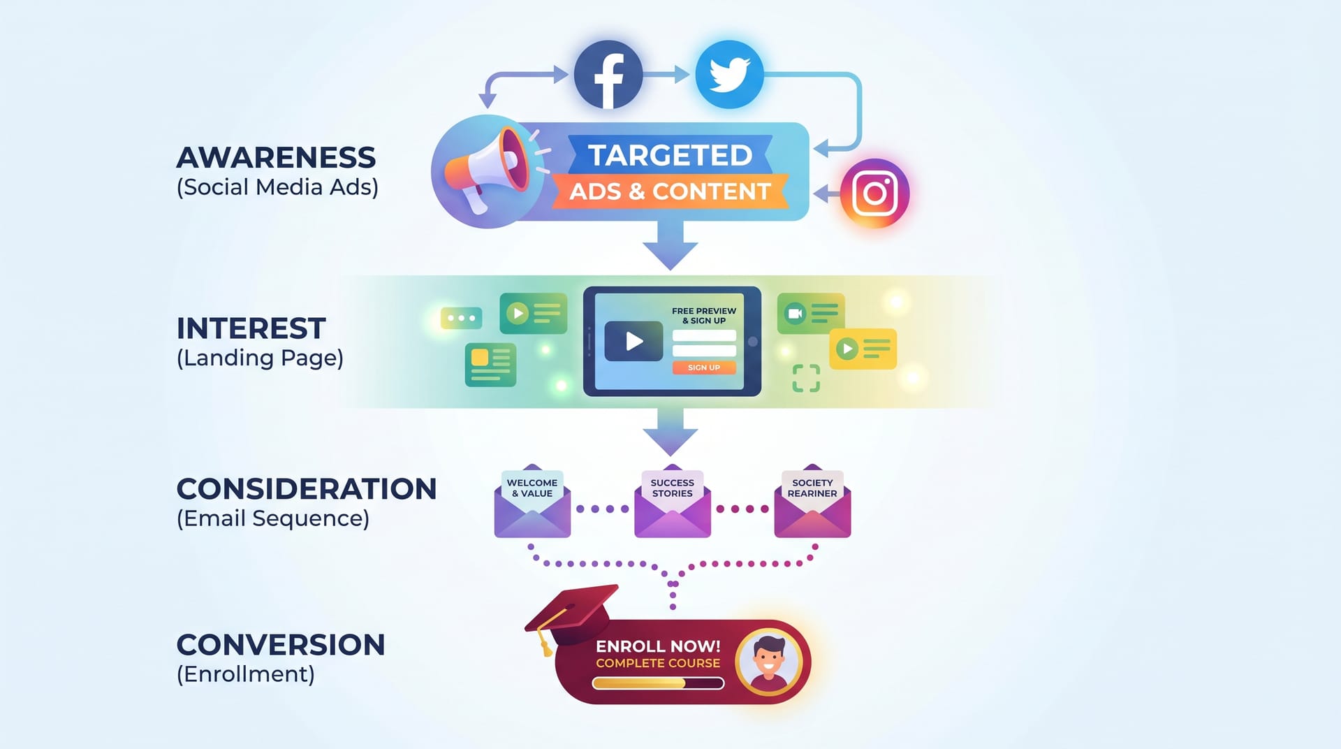Online course marketing funnel showing awareness, interest, decision, and action stages