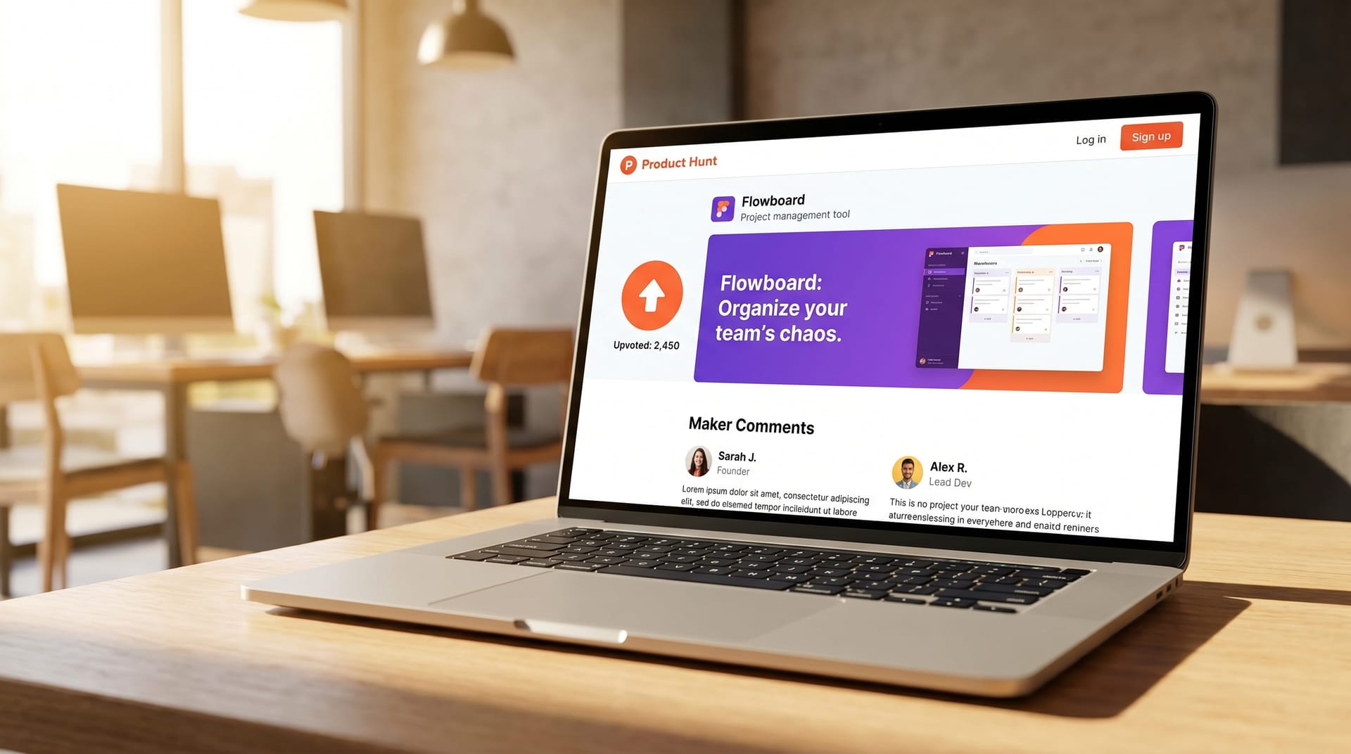 Product Hunt launch page mockup showing gallery image placement and thumbnail preview