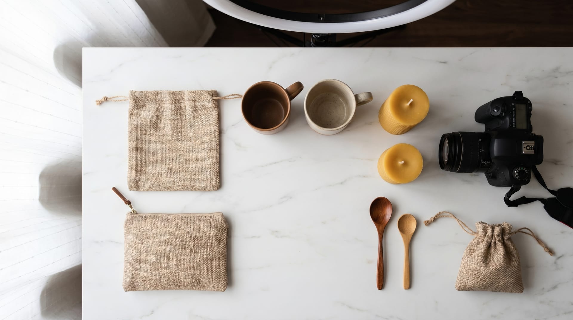 Small business product photography setup with smartphone, lighting, and AI-enhanced product images