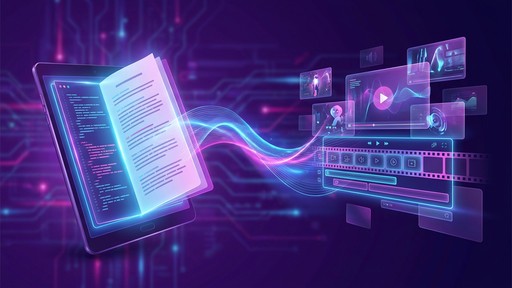 Script to video AI showing a written script transforming into a professional video timeline with AI-generated scenes