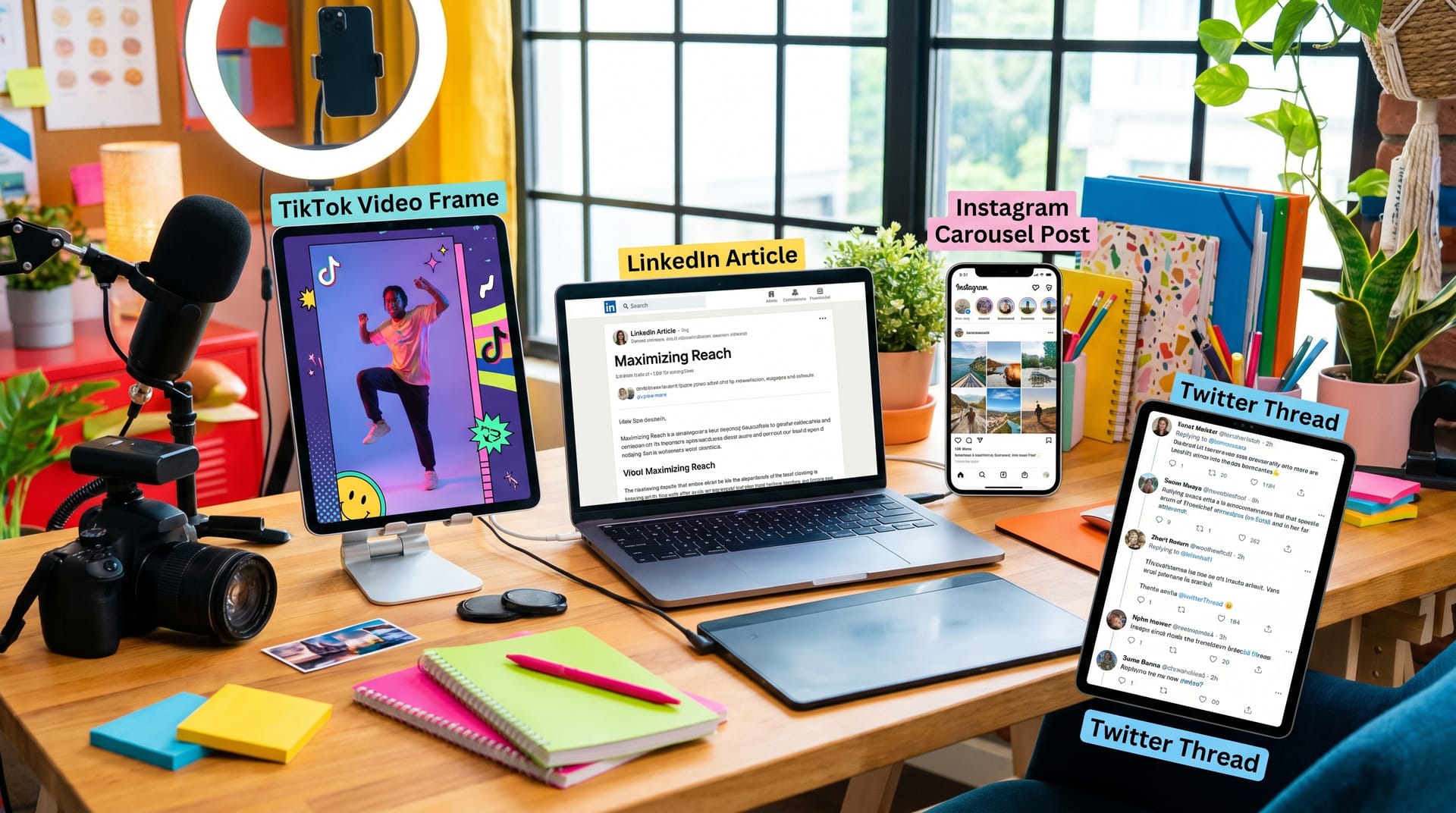 Social content types examples across Instagram, TikTok, LinkedIn, Facebook, and X
