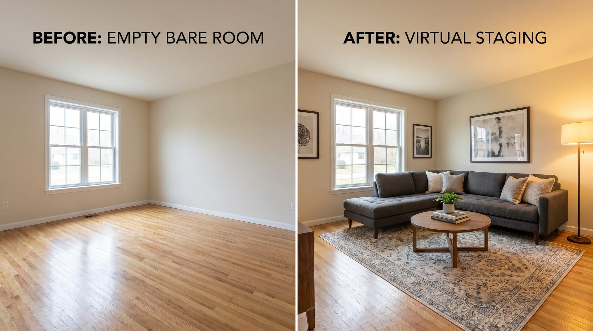 Virtual staging comparison showing empty room and digitally furnished version