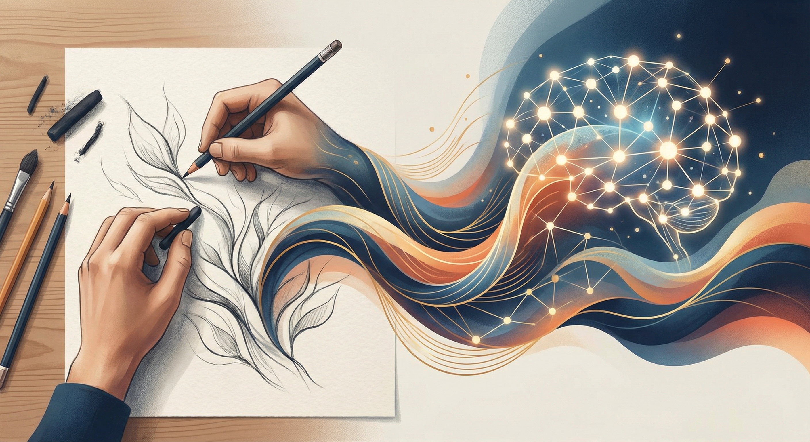 Conceptual illustration of AI and designers collaborating to create future visual art