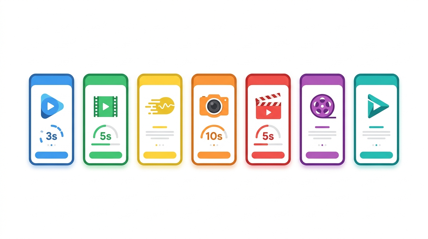 Colorful comparison infographic showing seven AI video generator tools as mobile app cards with duration indicators like 3s, 5s, and 10s