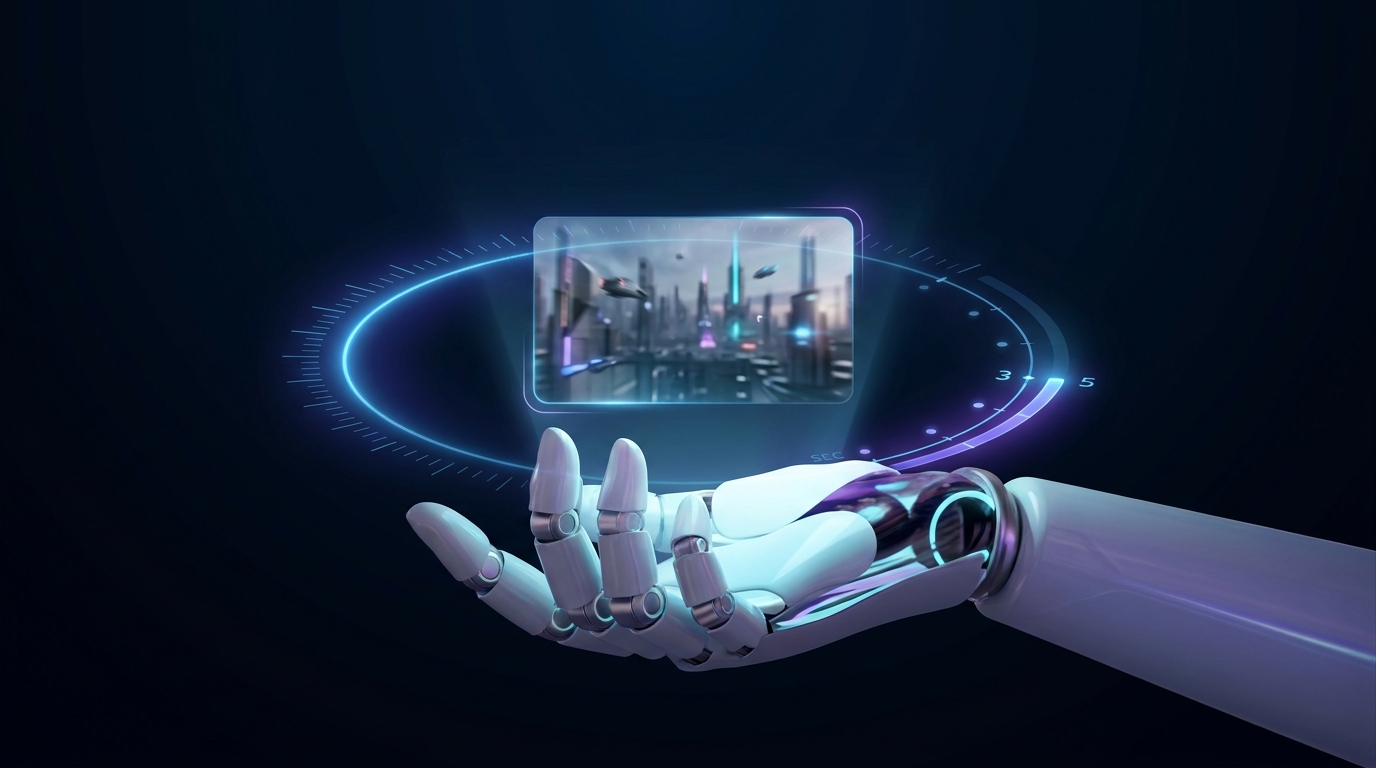 A robotic hand holding a holographic video clip surrounded by a circular time indicator showing 3-5 second limits