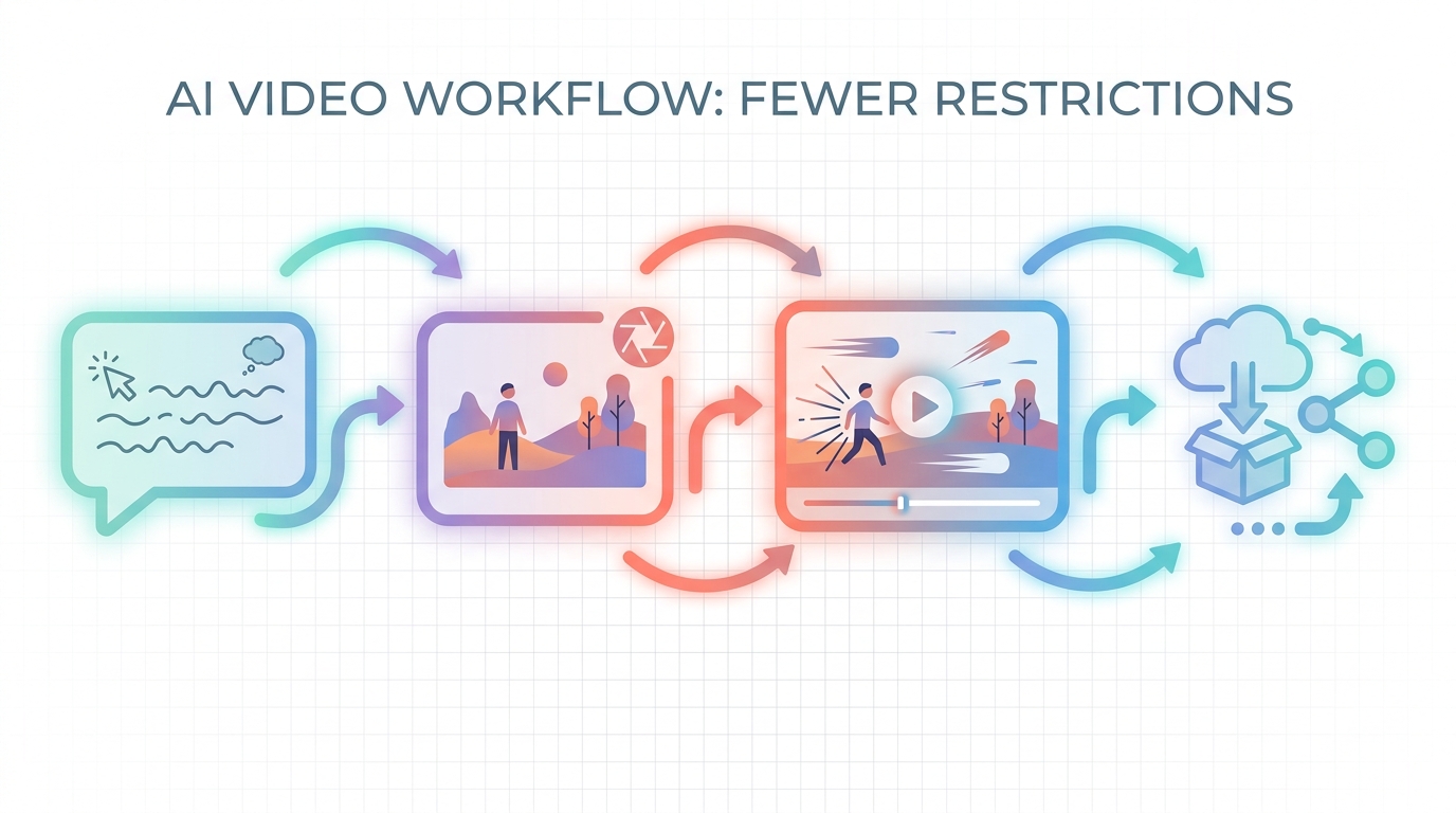 Four-step AI video workflow infographic: text prompt, generated image, AI video clip, and download/share output