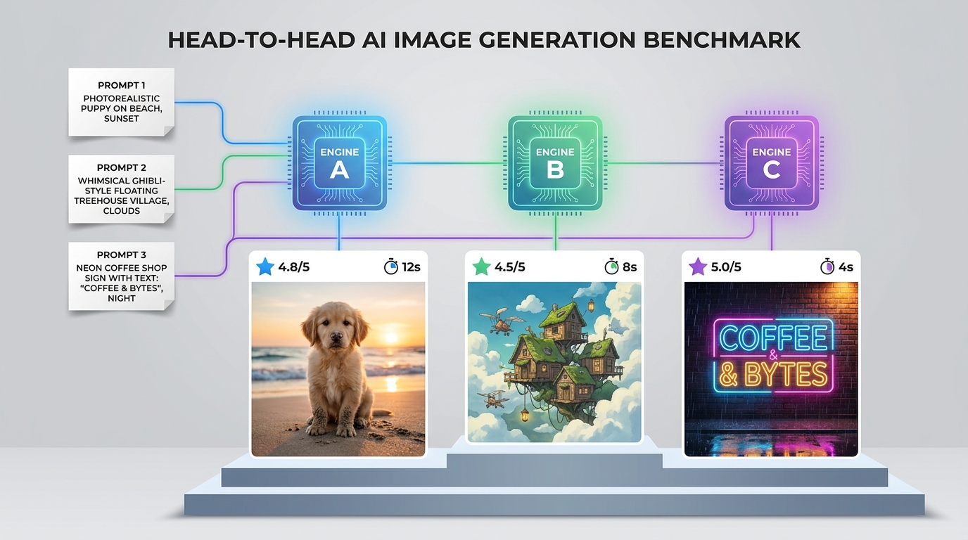 Infographic illustration of a head-to-head benchmark test across free AI image generators, showing prompt cards and generated sample outputs with ratings