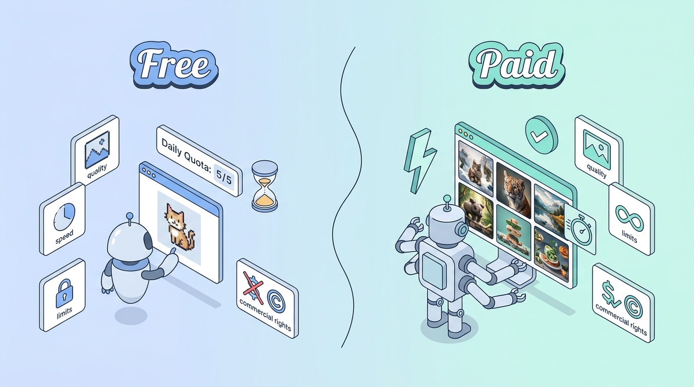 Side-by-side illustration comparing free and paid AI image generator plans, showing differences in quota, speed, and commercial rights