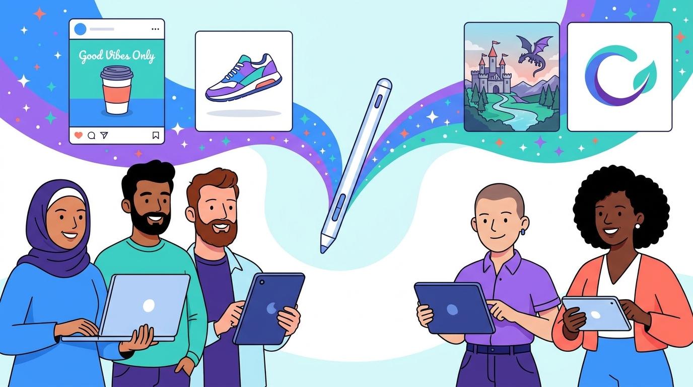 Illustration of diverse creators using AI image generators for social media posts, product mockups, fantasy landscapes, and logo concepts