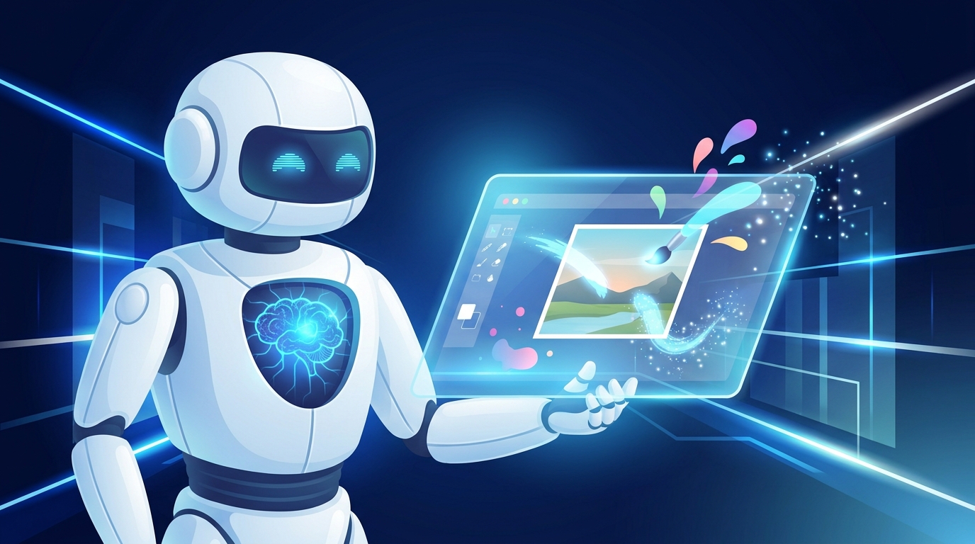 A friendly white robot with a glowing neural core editing a photo on a holographic screen with colorful AI brush strokes