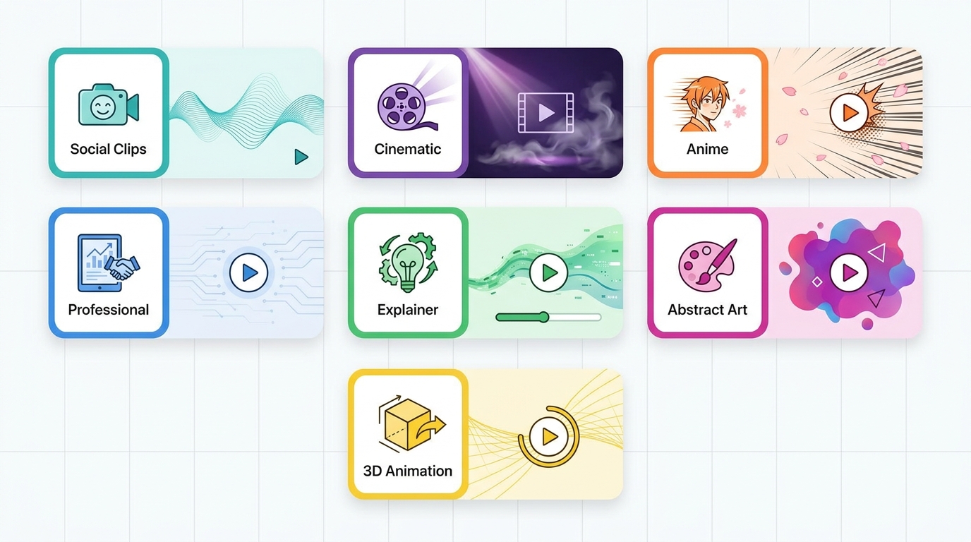 Colorful comparison infographic showing seven AI image-to-video tool categories as app cards: Social Clips, Cinematic, Anime, Professional, Explainer, Abstract Art, and 3D Animation