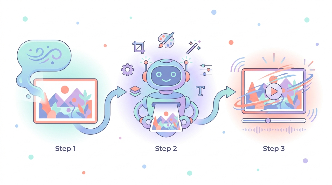 Three-step workflow illustration: Step 1 text-to-image generation, Step 2 AI robot editor refining the image, Step 3 image transforming into a video player