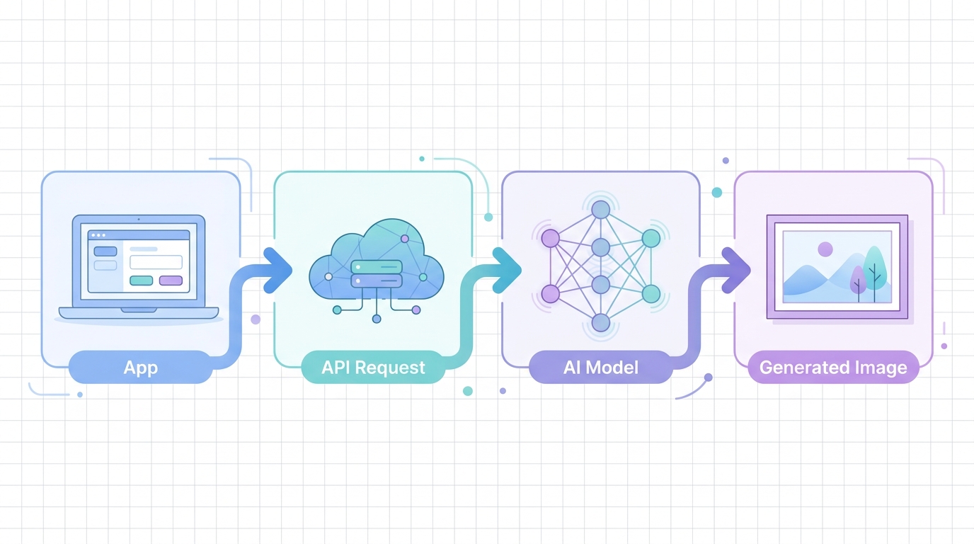 Infographic showing the image generation API request flow: App sends request to API Gateway, then AI Model, then returns Generated Image