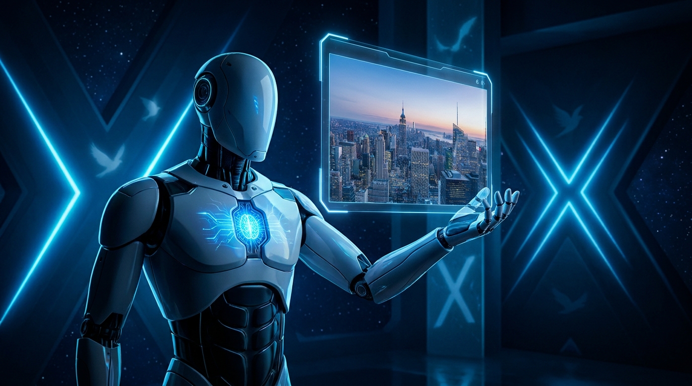 Futuristic robot holding a holographic generated cityscape, with X-themed blue neon accents in the background