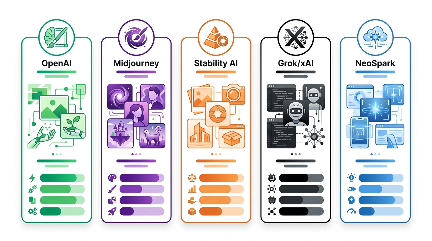 Comparison infographic showing five AI image generation API providers as vertical cards: OpenAI, Midjourney, Stability AI, Grok/xAI, and NeoSpark