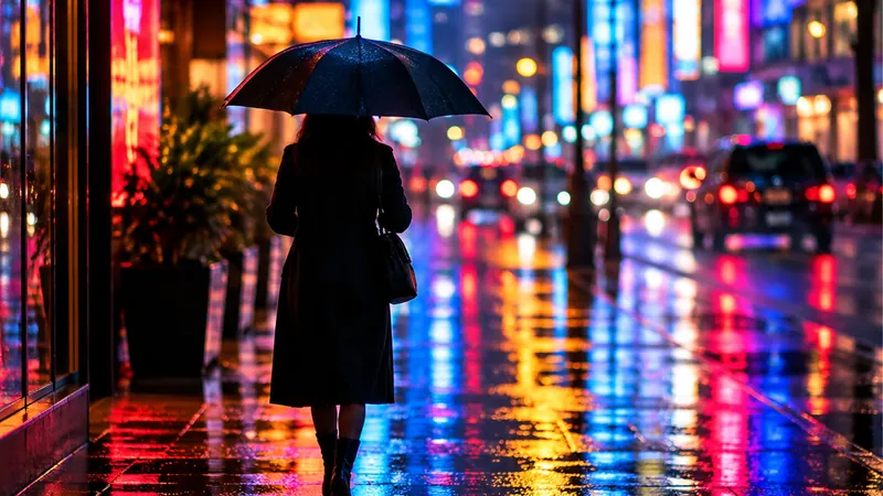 Wet neon night street with a lone figure under an umbrella