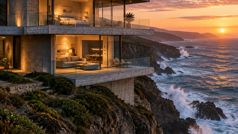 Concrete cliff house with glowing glass at dusk above the waves
