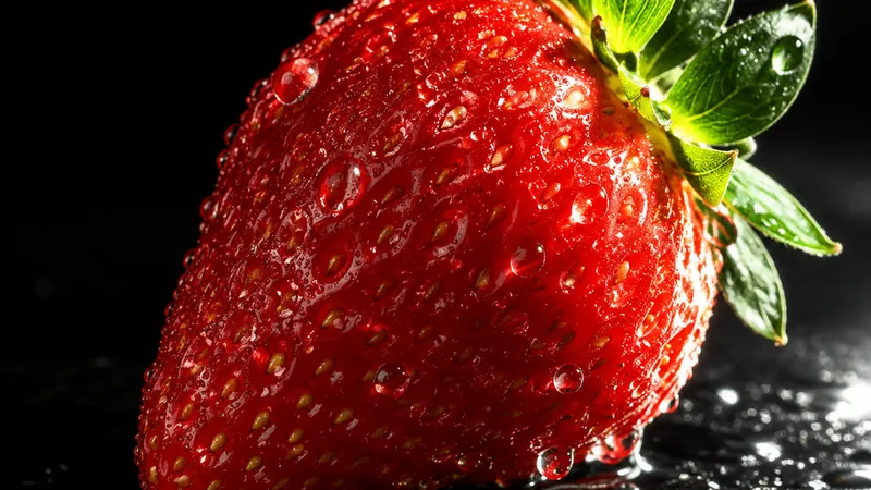Macro photograph of a dewy strawberry on a glossy black surface