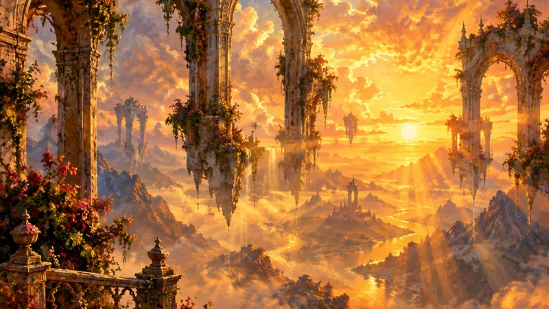 Painterly fantasy valley with ornate stone archways at sunset