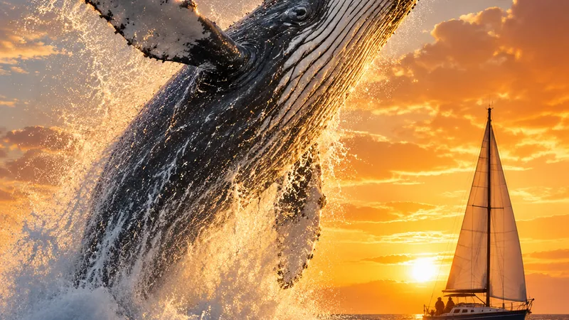 Humpback whale breaching beside a sailboat at sunset