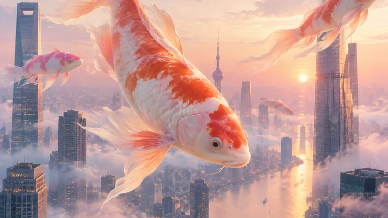 Giant koi carp swimming between city towers at dawn