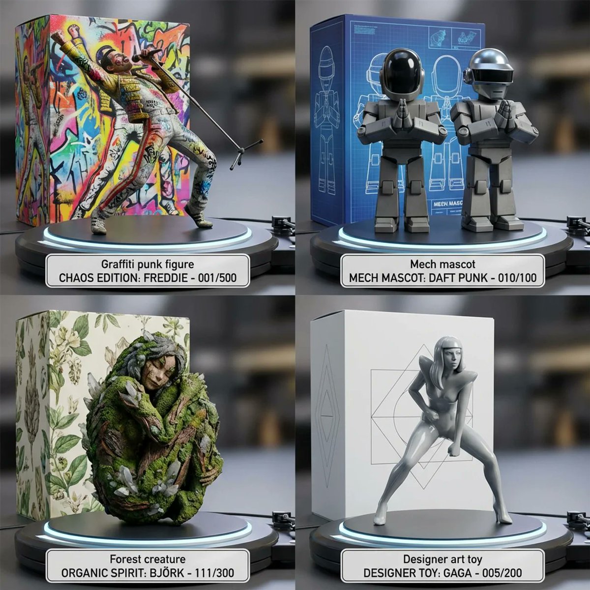 2x2 grid of stylized famous musicians with unique poses generated by Nano Banana