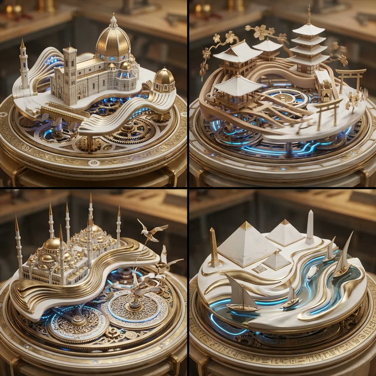 Historical city transformed into kinetic sculpture with moving elements by Nano Banana