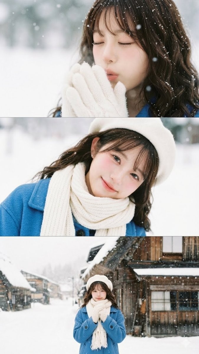 Vertical film strip collage of an Asian woman in a snowy Hokkaido setting