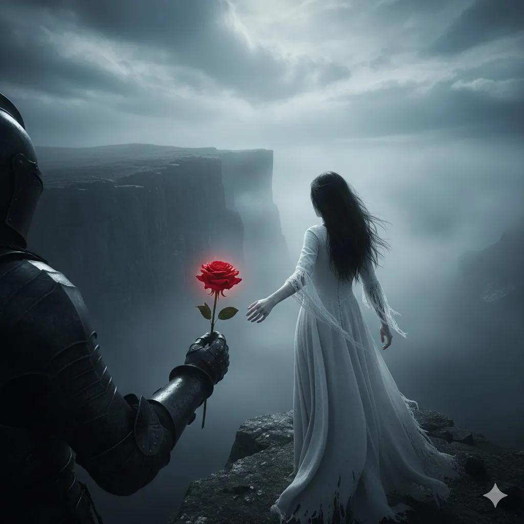 Haunting Cinematic Cliff Scene with Red Rose
