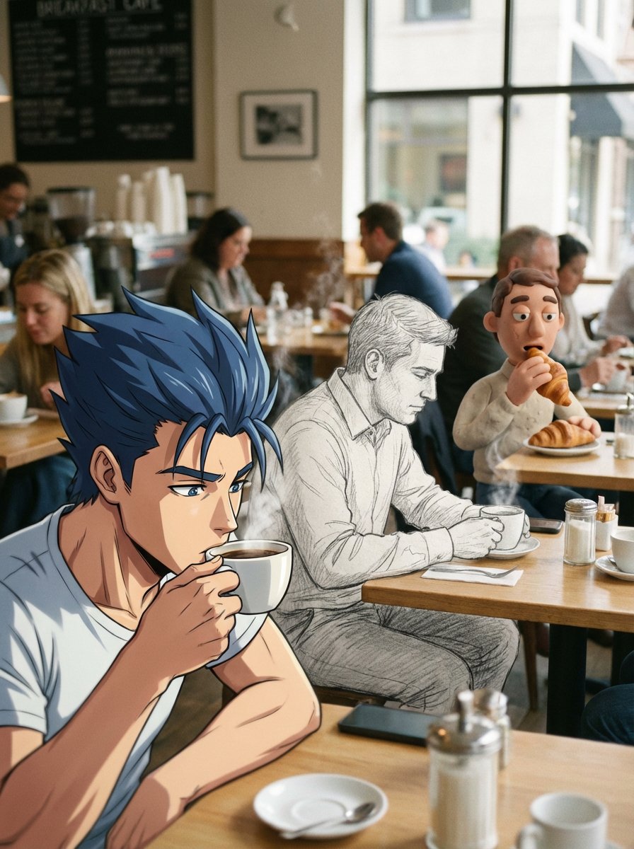 Mixed Media Cinematic Café Scene