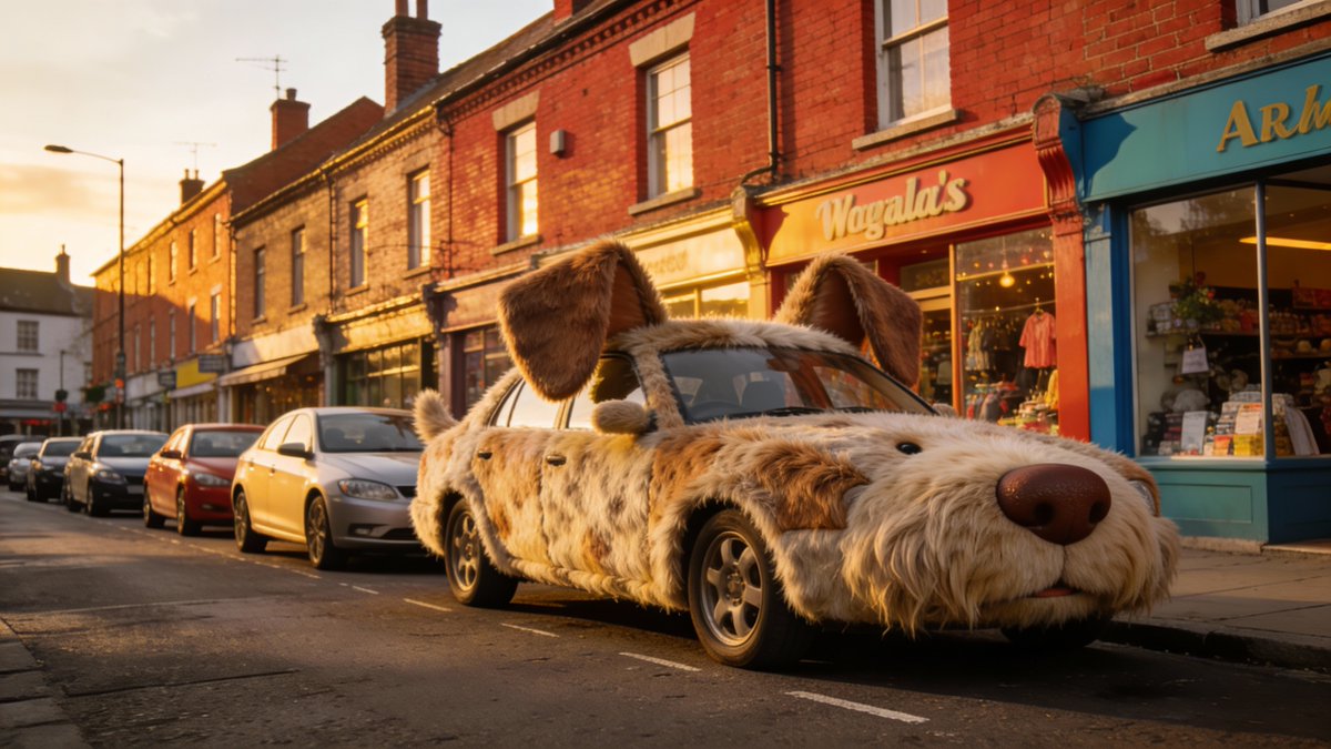 Cinematic Wide-Shot with Dog Fur Car