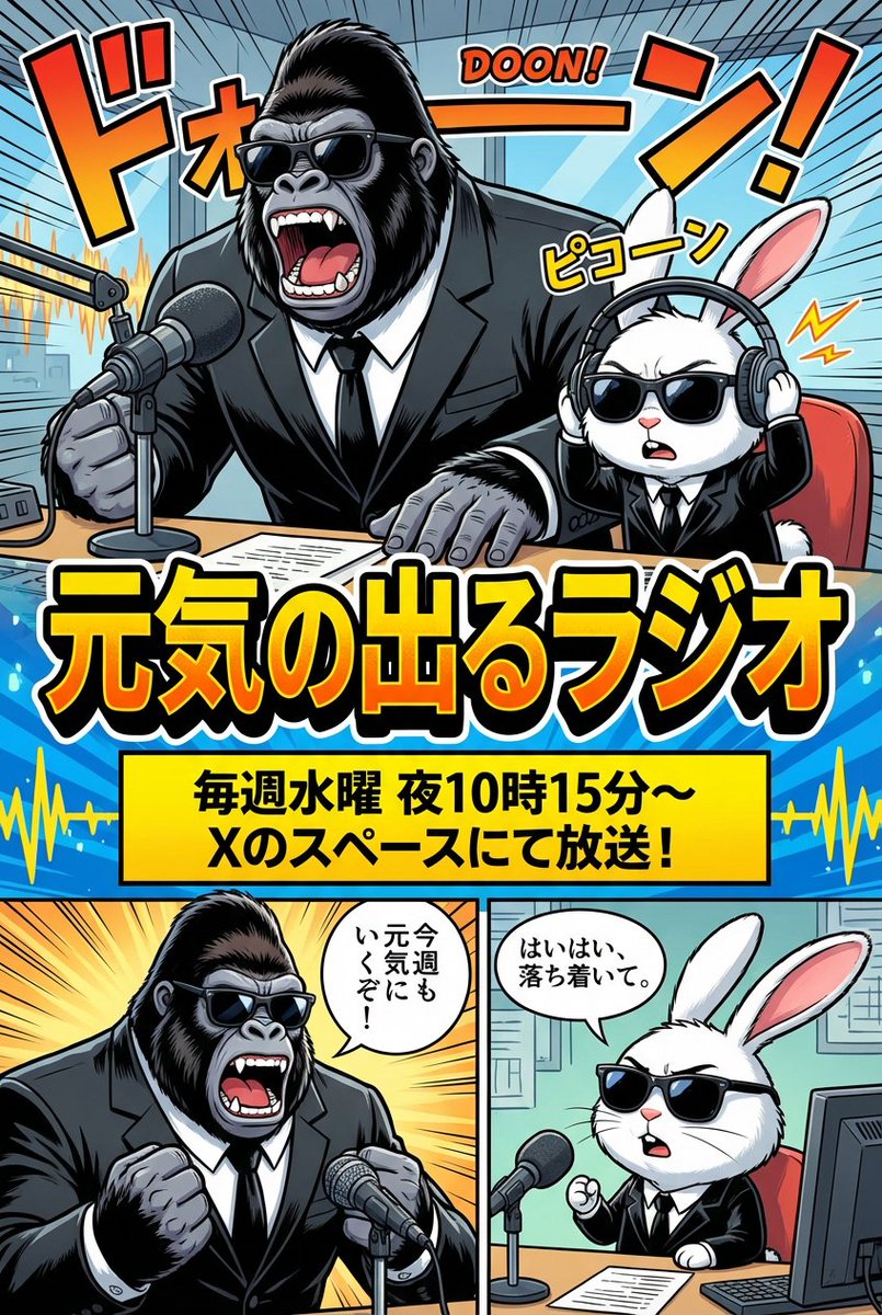 Ad manga for a radio show with a gorilla and rabbit