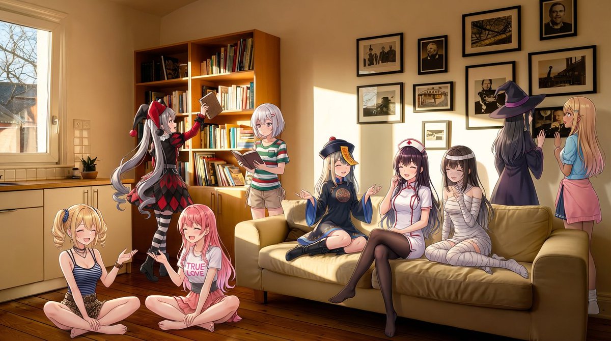 Nine-character group scene in living room background