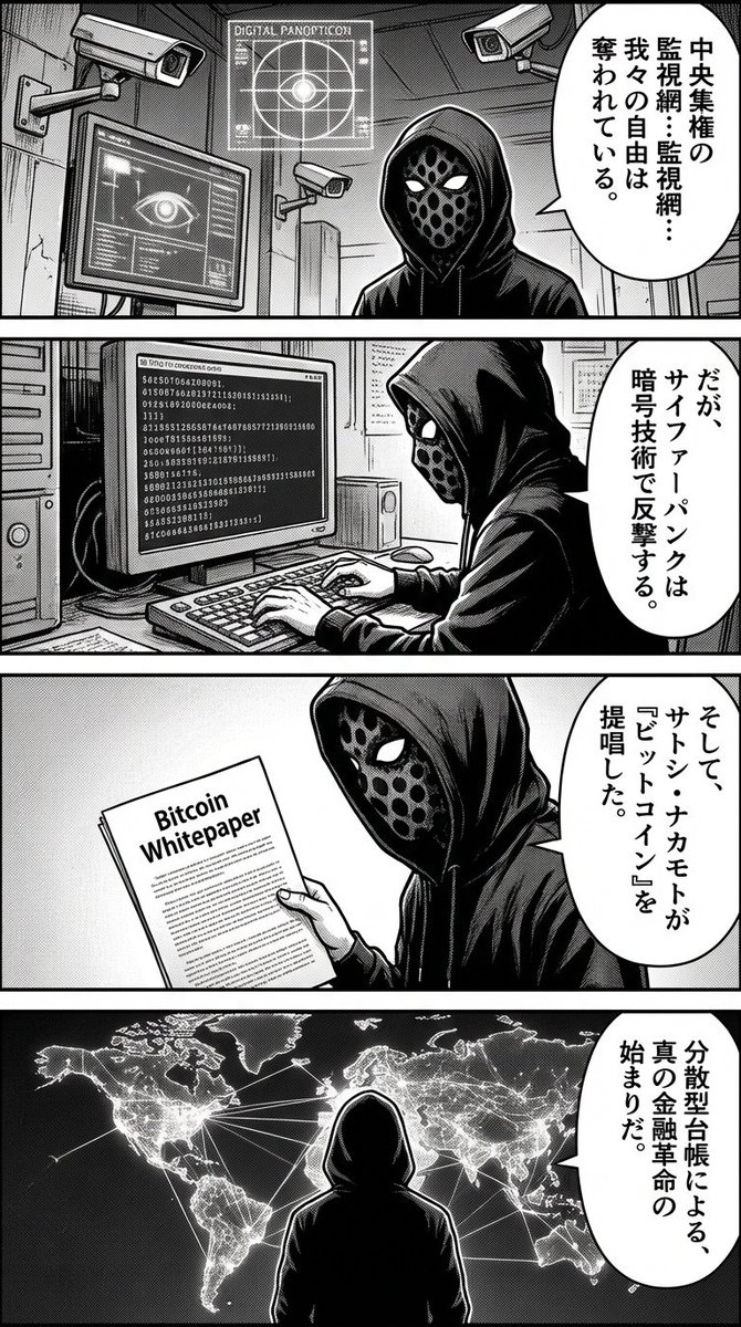 Four-panel manga about Bitcoin from cypherpunk view