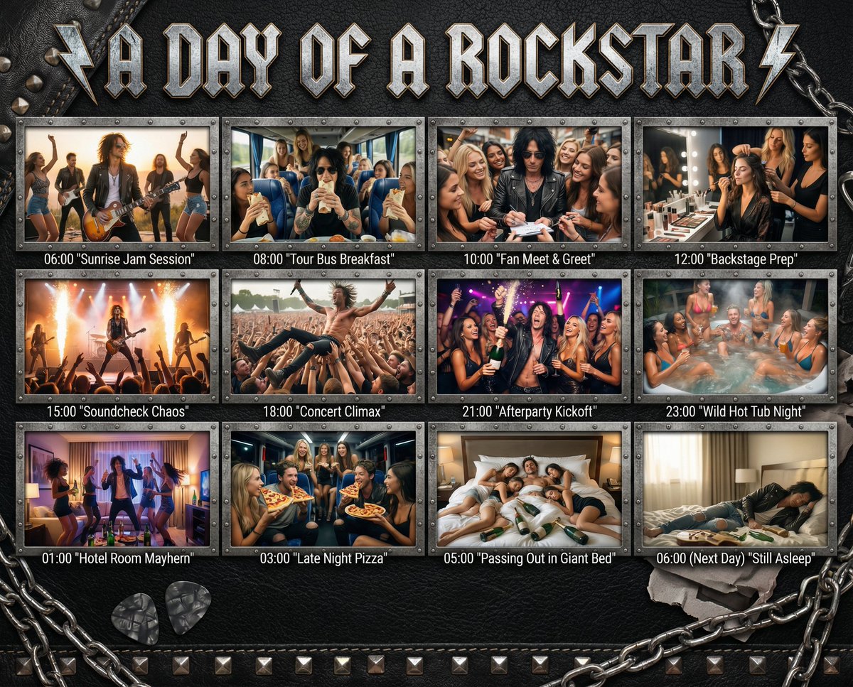 Cinematic 12-Panel Timeline of a Subject's Epic Day