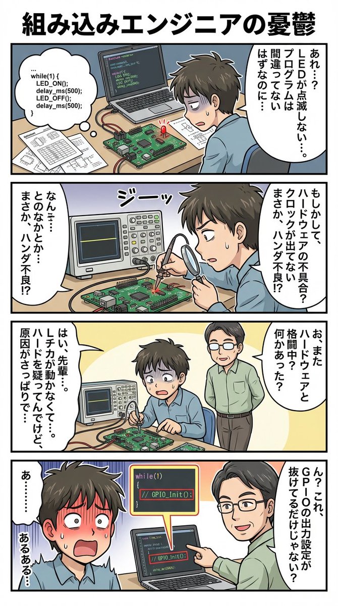 4-panel comic about embedded engineer struggles