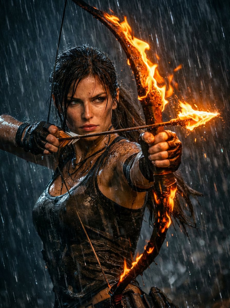 Lara Croft with Fiery Bow in Heavy Downpour